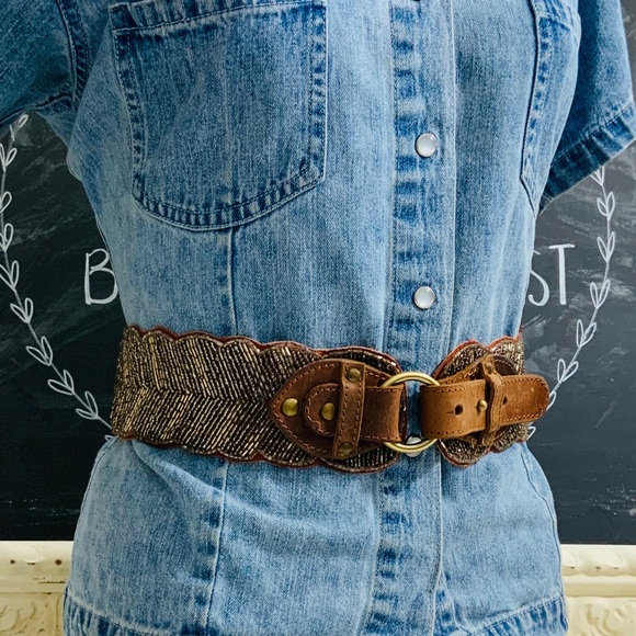 Chevron Beaded and Leather Statement Belt NWOT
